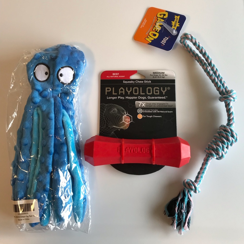 Playology Med Beef Stick + Crinkle Squeaker No Stuffing Octopus + Rope Dog Toy